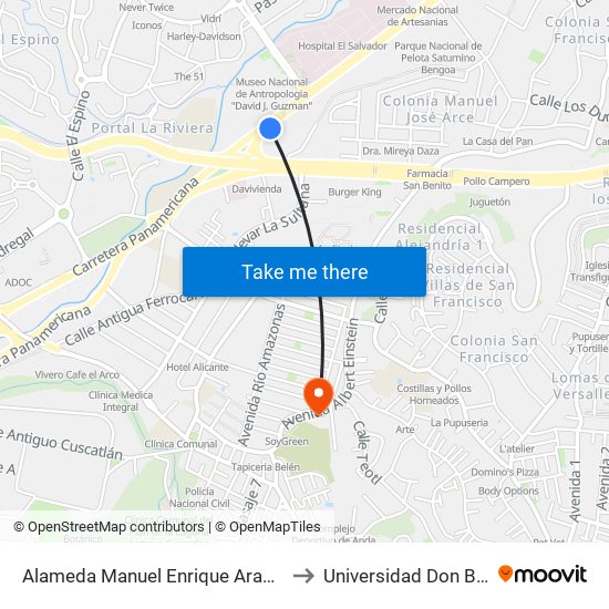 Alameda Manuel Enrique Araujo, 211 to Universidad Don Bosco map