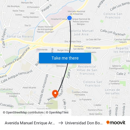 Avenida Manuel Enrique Araujo to Universidad Don Bosco map