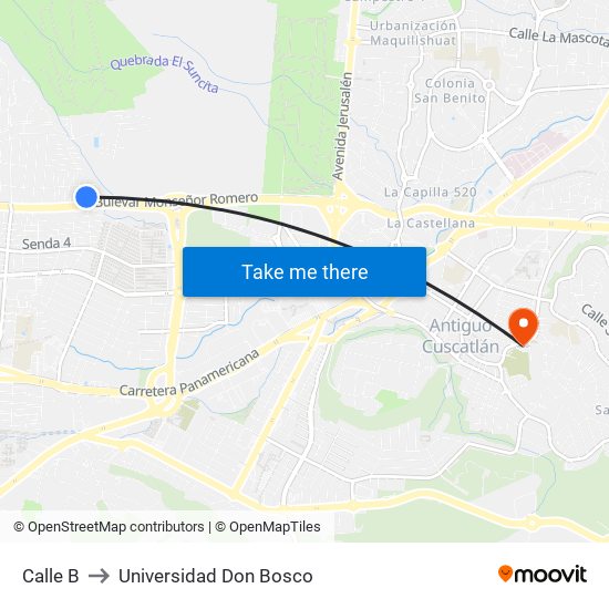 Calle B to Universidad Don Bosco map