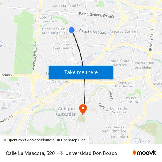 Calle La Mascota, 520 to Universidad Don Bosco map
