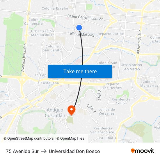 75 Avenida Sur to Universidad Don Bosco map