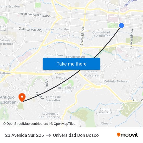 23 Avenida Sur, 225 to Universidad Don Bosco map