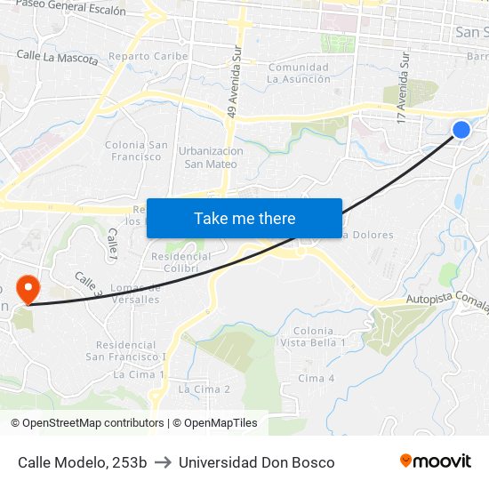 Calle Modelo, 253b to Universidad Don Bosco map