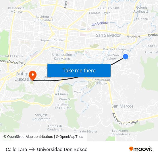 Calle Lara to Universidad Don Bosco map