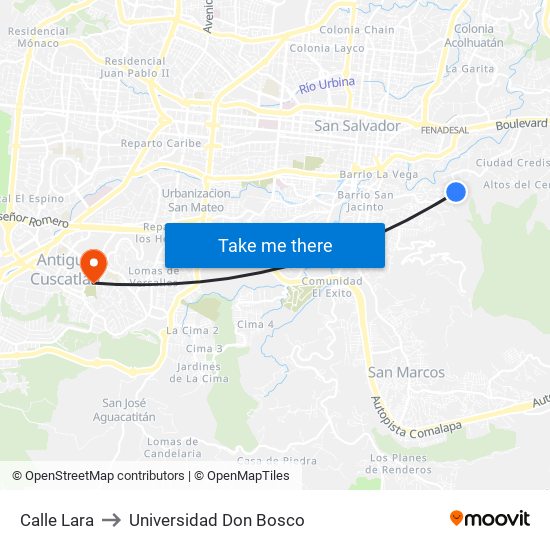 Calle Lara to Universidad Don Bosco map