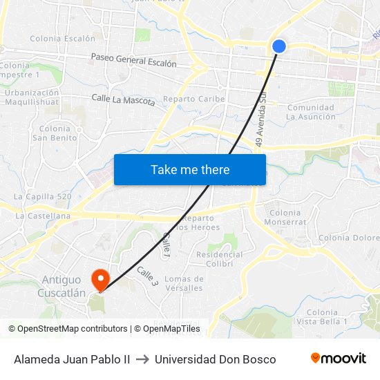 Alameda Juan Pablo II to Universidad Don Bosco map