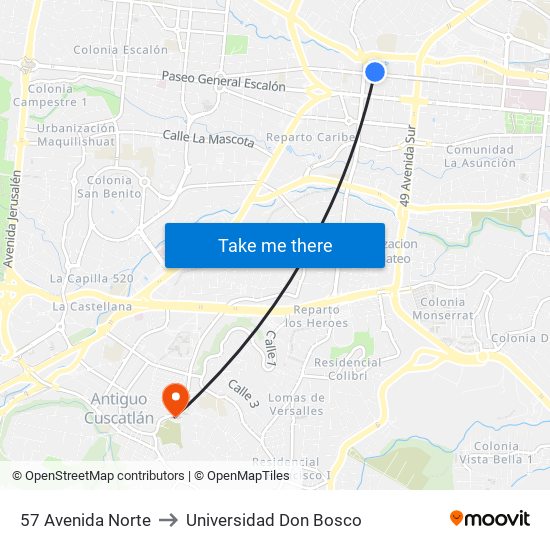 57 Avenida Norte to Universidad Don Bosco map