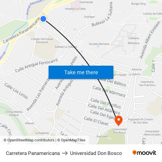 Carretera Panamericana to Universidad Don Bosco map