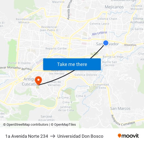 1a Avenida Norte 234 to Universidad Don Bosco map