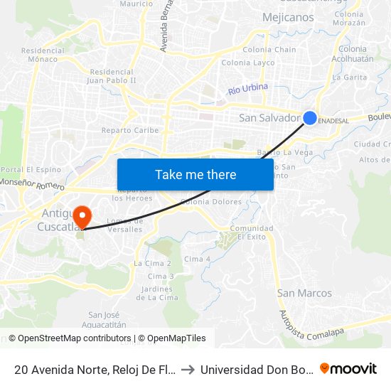 20 Avenida Norte, Reloj De Flores to Universidad Don Bosco map