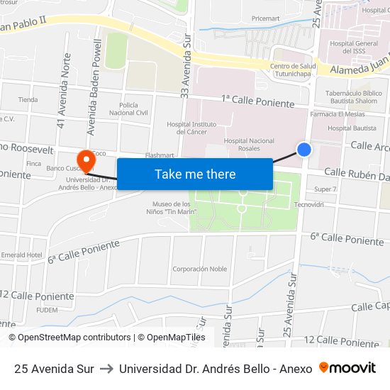 25 Avenida Sur to Universidad Dr. Andrés Bello - Anexo map