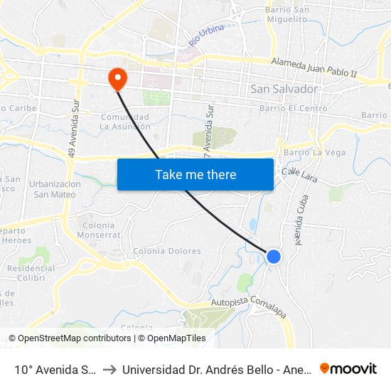 10° Avenida Sur to Universidad Dr. Andrés Bello - Anexo map