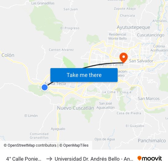 4° Calle Poniente to Universidad Dr. Andrés Bello - Anexo map