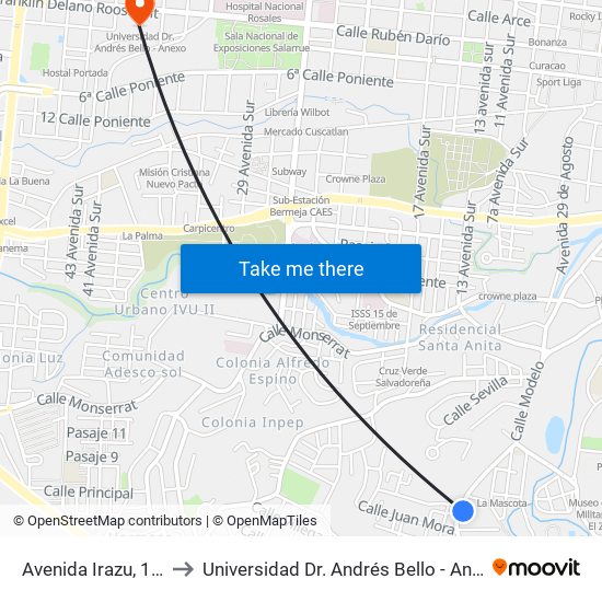 Avenida Irazu, 166 to Universidad Dr. Andrés Bello - Anexo map