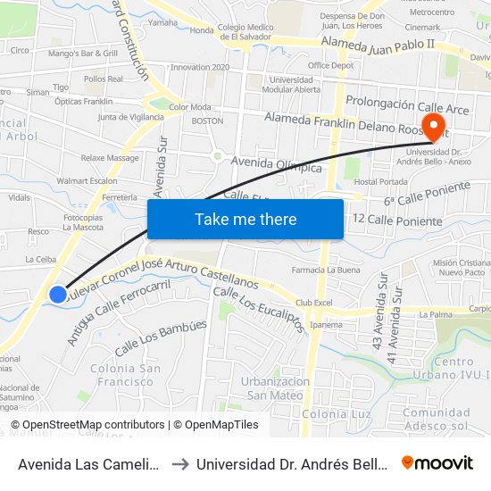 Avenida Las Camelias, 140 to Universidad Dr. Andrés Bello - Anexo map