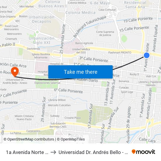 1a Avenida Norte 530 to Universidad Dr. Andrés Bello - Anexo map