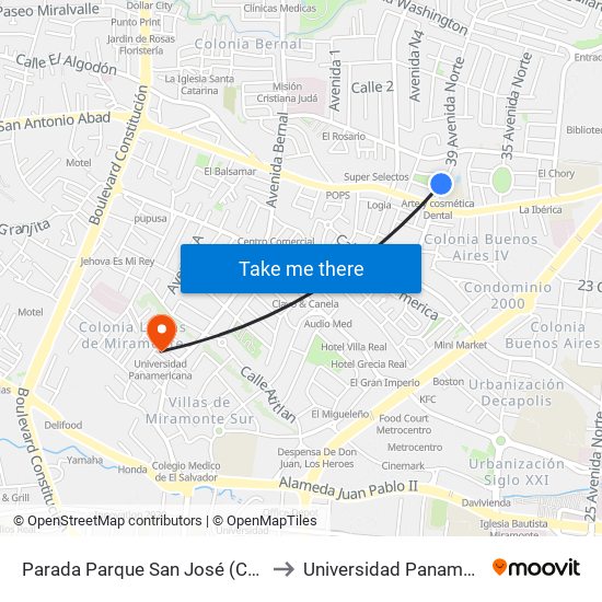Parada Parque San José (Cristobal) to Universidad Panamericana map