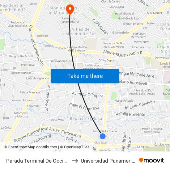 Parada Terminal De Occidente to Universidad Panamericana map