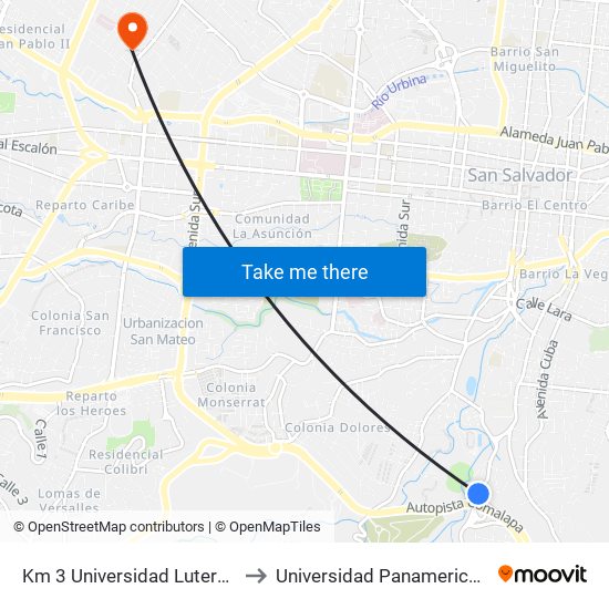 Km 3 Universidad Luterana to Universidad Panamericana map