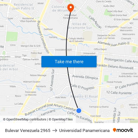 Bulevar Venezuela 2965 to Universidad Panamericana map
