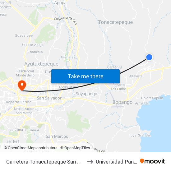 Carretera Tonacatepeque San Martin - Las Delicias to Universidad Panamericana map