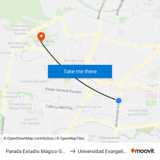 Parada Estadio Mágico González (Flor Blanca) to Universidad Evangelica De El Salvador map