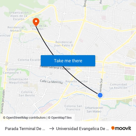 Parada Terminal De Occidente to Universidad Evangelica De El Salvador map