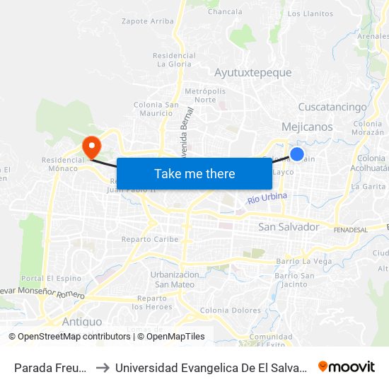 Parada Freund to Universidad Evangelica De El Salvador map