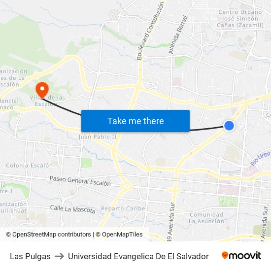 Las Pulgas to Universidad Evangelica De El Salvador map