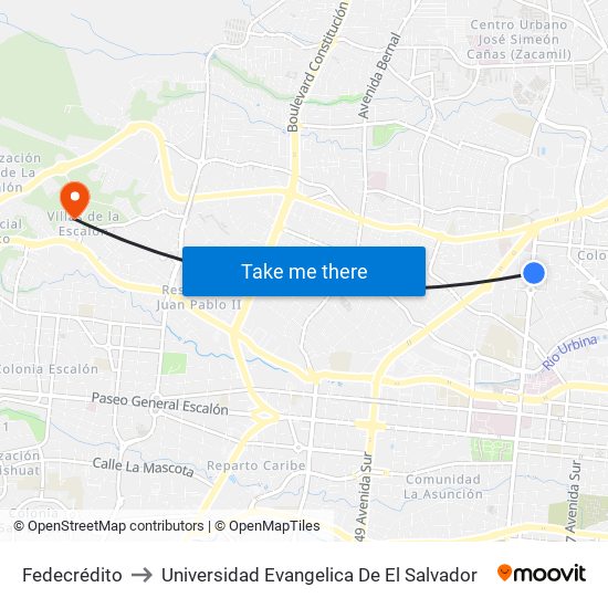 Fedecrédito to Universidad Evangelica De El Salvador map