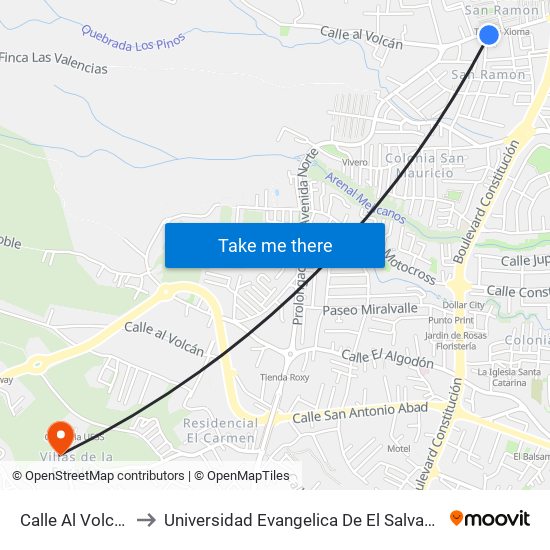 Calle Al Volcan to Universidad Evangelica De El Salvador map