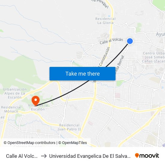 Calle Al Volcan to Universidad Evangelica De El Salvador map