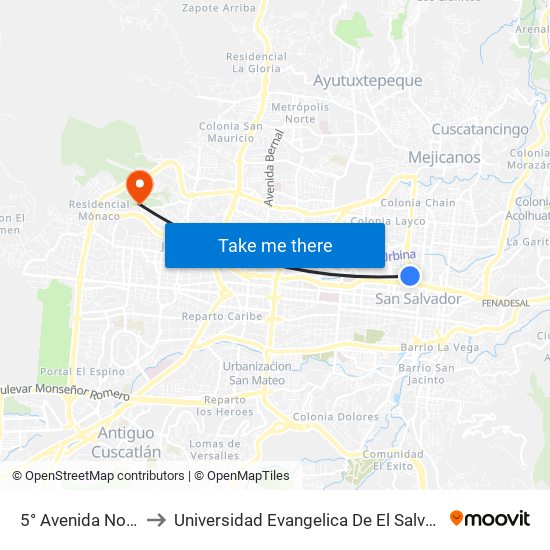 5° Avenida Norte to Universidad Evangelica De El Salvador map