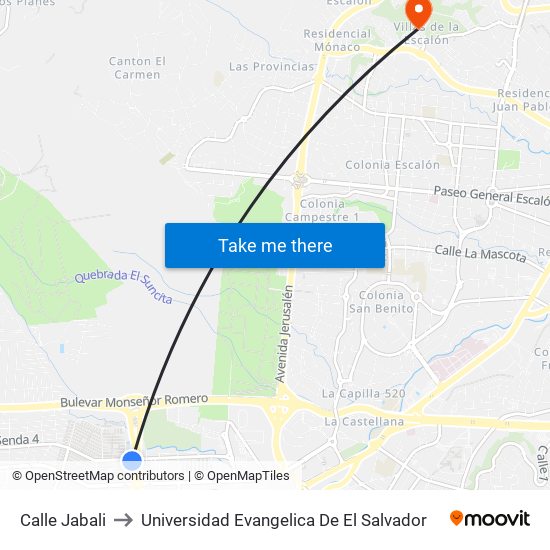 Calle Jabali to Universidad Evangelica De El Salvador map