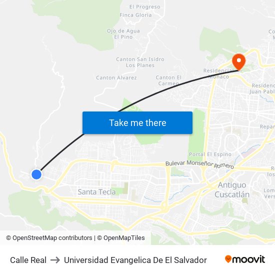 Calle Real to Universidad Evangelica De El Salvador map