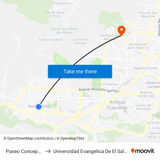 Paseo Concepción to Universidad Evangelica De El Salvador map