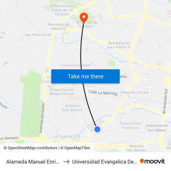 Alameda Manuel Enrique Araujo to Universidad Evangelica De El Salvador map