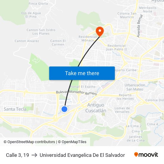 Calle 3, 19 to Universidad Evangelica De El Salvador map