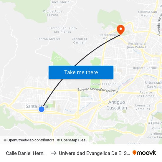 Calle Daniel Hernández to Universidad Evangelica De El Salvador map