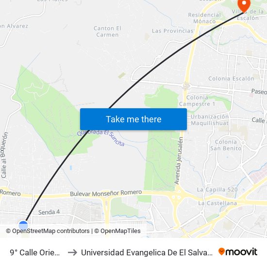 9° Calle Oriente to Universidad Evangelica De El Salvador map