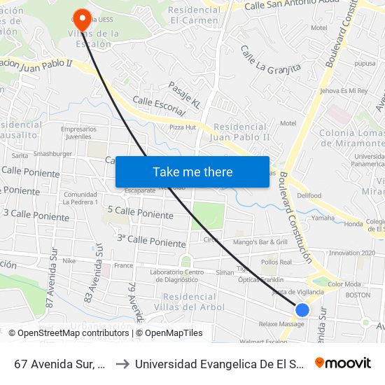 67 Avenida Sur, 255a to Universidad Evangelica De El Salvador map