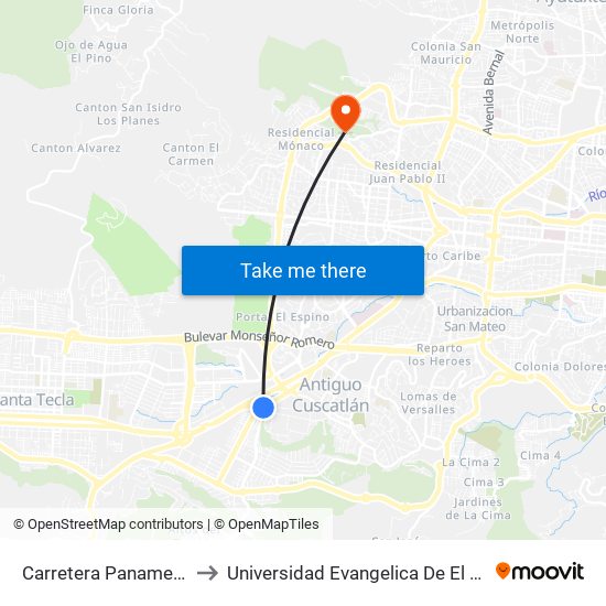 Carretera Panamericana to Universidad Evangelica De El Salvador map