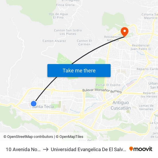 10 Avenida Norte to Universidad Evangelica De El Salvador map