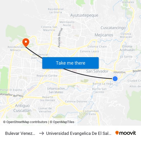 Bulevar Venezuela to Universidad Evangelica De El Salvador map
