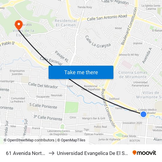 61 Avenida Norte, 61 to Universidad Evangelica De El Salvador map