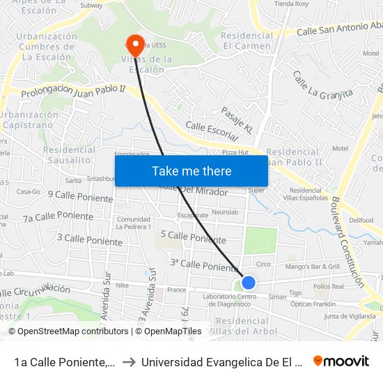 1a Calle Poniente, 3843 to Universidad Evangelica De El Salvador map