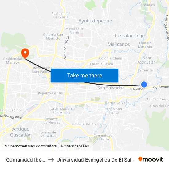 Comunidad Ibérica to Universidad Evangelica De El Salvador map