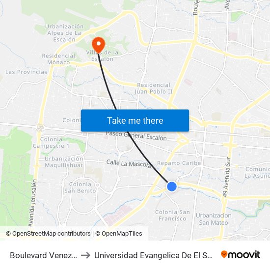 Boulevard Venezuela to Universidad Evangelica De El Salvador map