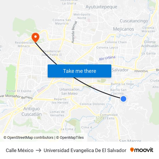 Calle México to Universidad Evangelica De El Salvador map