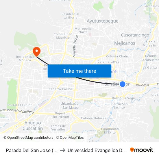 Parada Del San Jose (Despensa) to Universidad Evangelica De El Salvador map